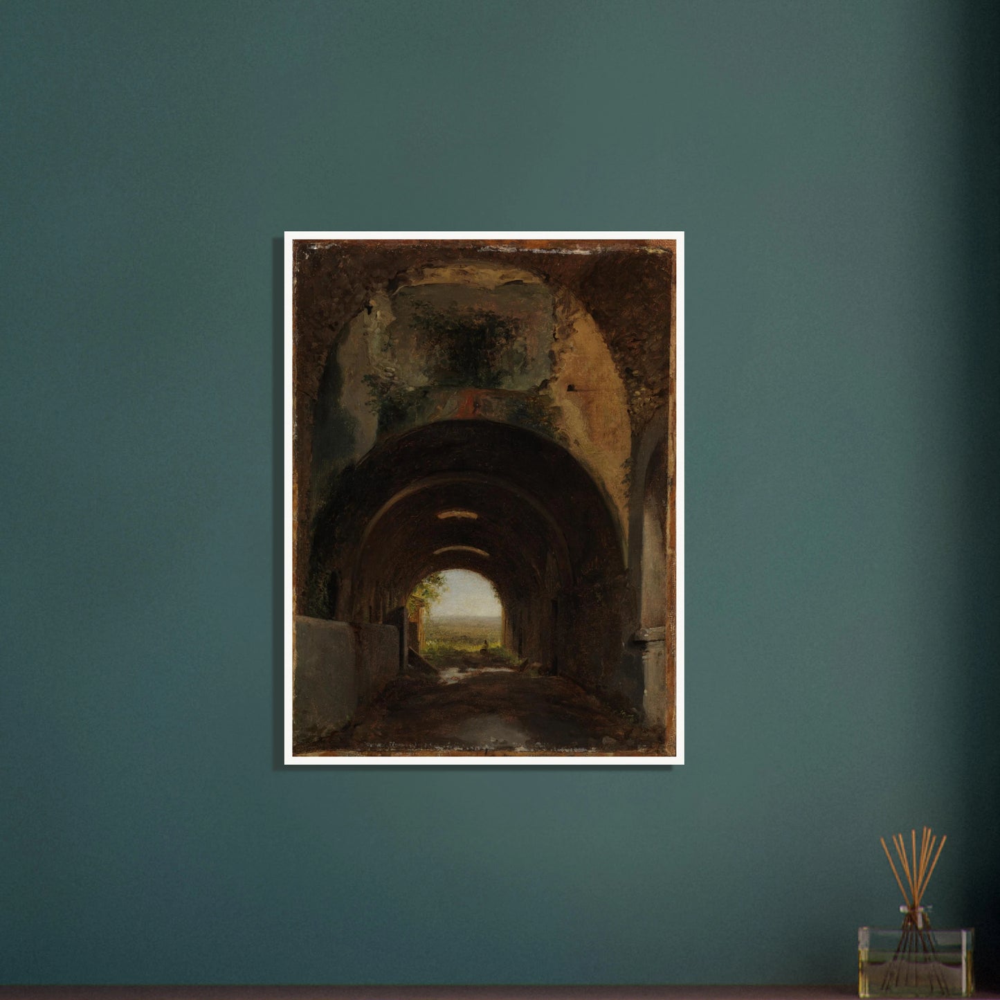 Dark vaulted stable opens to a distant landscape through a sunlit arch