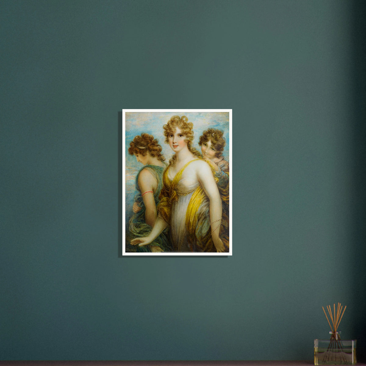 Three classical women in flowing drapery pose together against a soft blue sky.