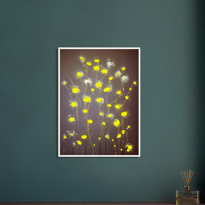 A minimalist painting featuring glowing yellow flowers with soft, translucent petals on a muted gray background, exuding a serene elegance.