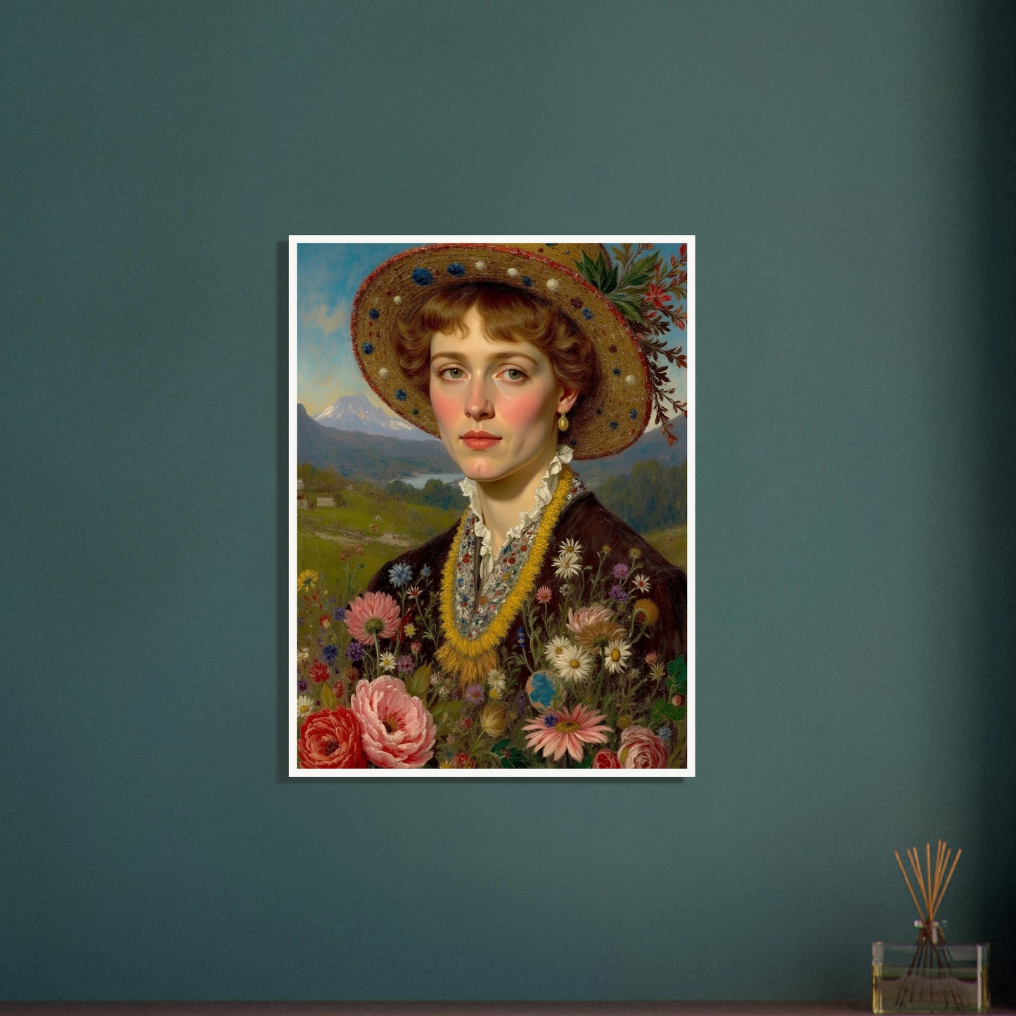 Portrait of a woman in a straw hat adorned with flowers, holding a vibrant bouquet against a mountain meadow backdrop.