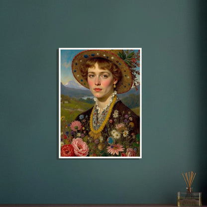 Portrait of a woman in a straw hat adorned with flowers, holding a vibrant bouquet against a mountain meadow backdrop.