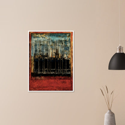 A textured cityscape with towering structures, deep red and blue hues, and an abstract urban skyline, framed in a rustic border.