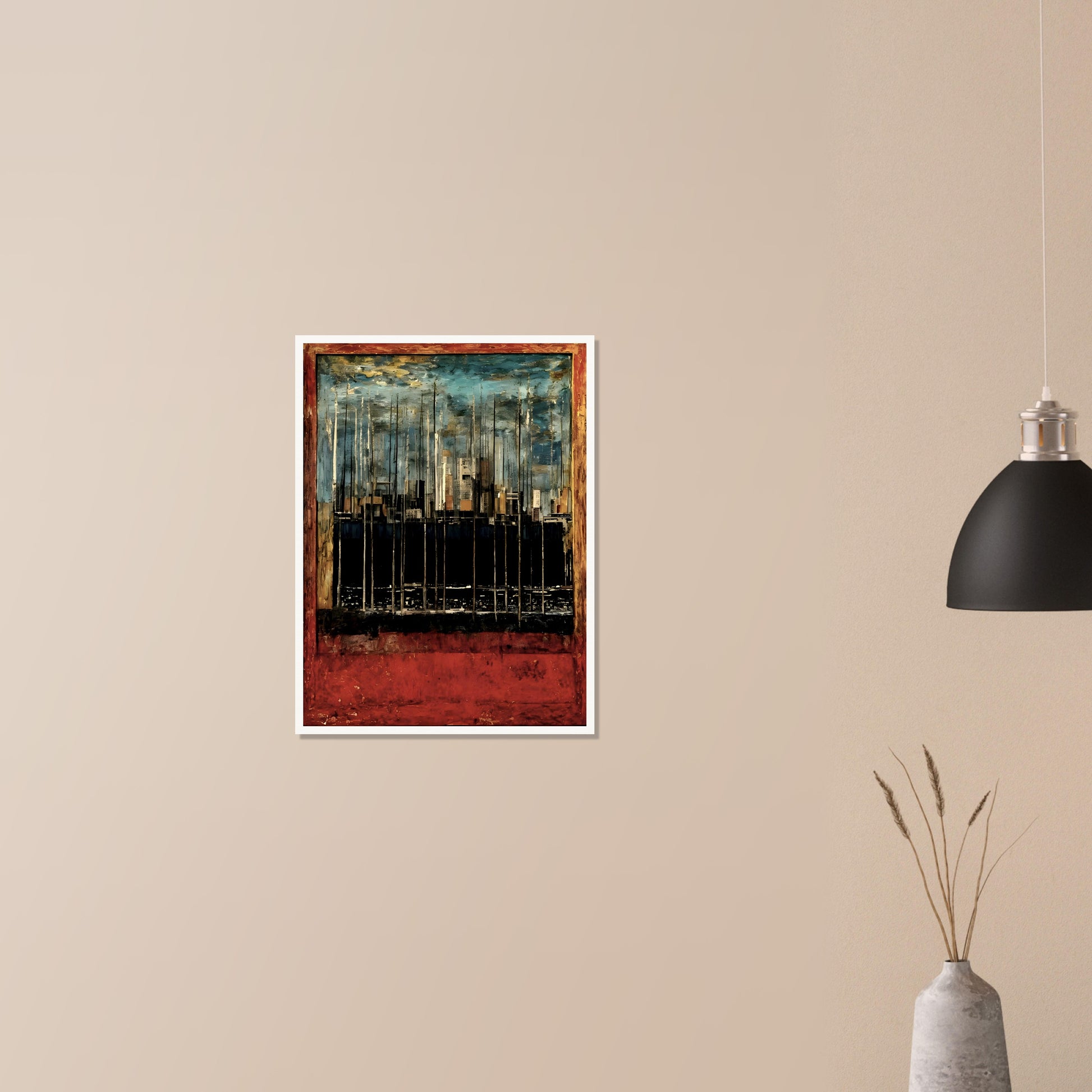 A textured cityscape with towering structures, deep red and blue hues, and an abstract urban skyline, framed in a rustic border.