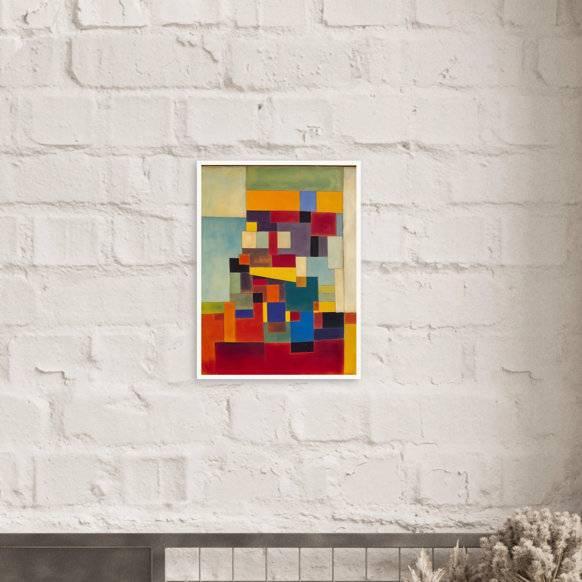 A vivid mosaic of geometric color blocks in red, blue, yellow, and green, forming a modern, rhythmic visual balance.