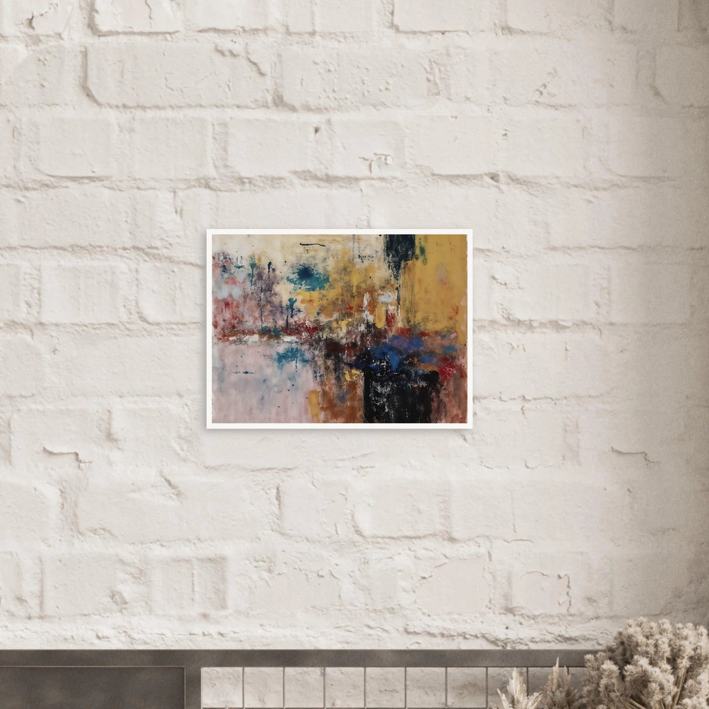 Layered ochre, teal, black, and red marks create a weathered textured composition.