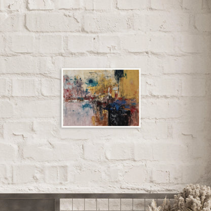 Layered ochre, teal, black, and red marks create a weathered textured composition.