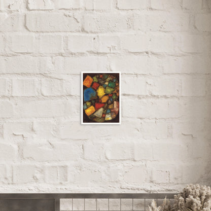 An abstract painting composed of colorful geometric shapes resembling polished stones or stained-glass fragments arranged within an oval composition against a dark background.