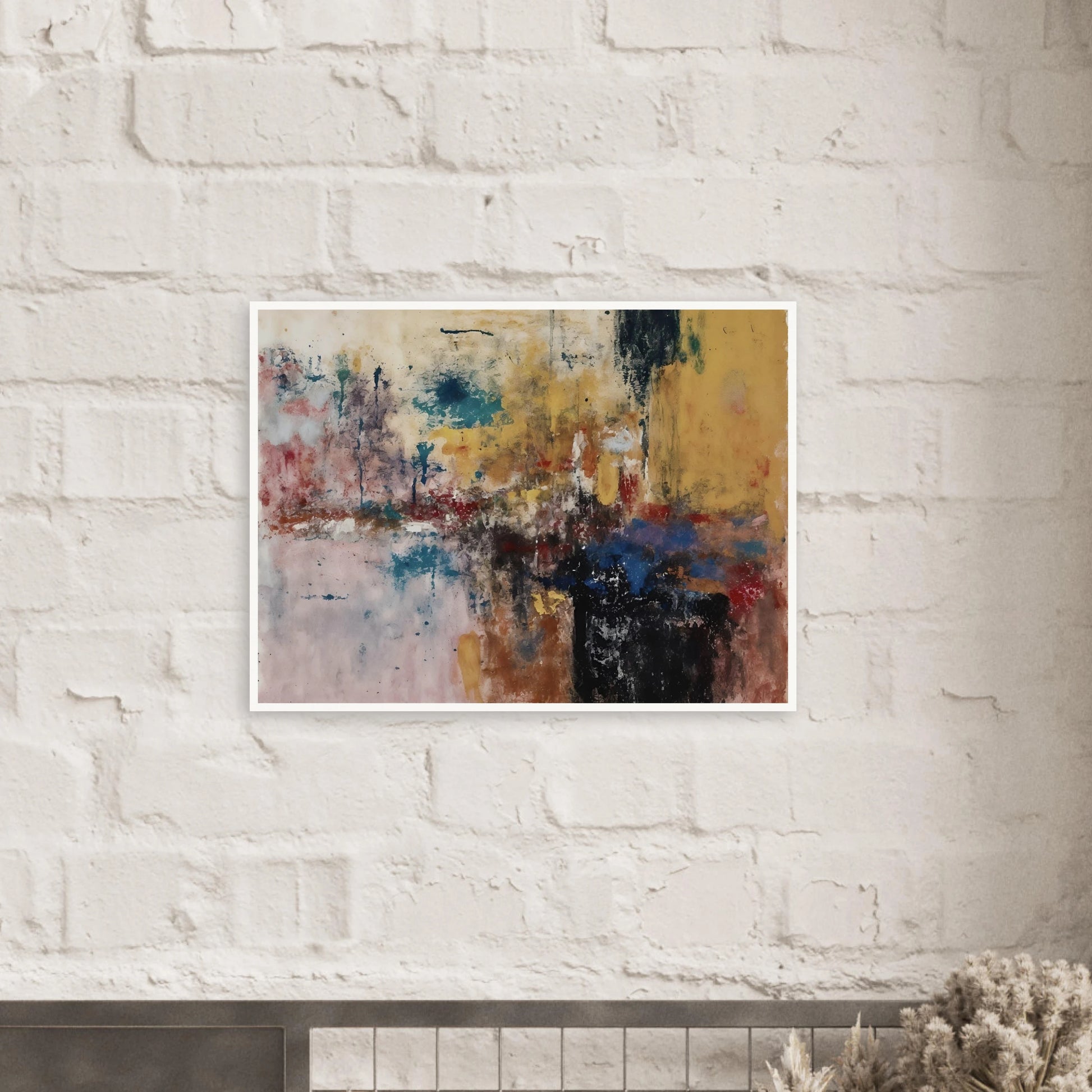 Layered ochre, teal, black, and red marks create a weathered textured composition.