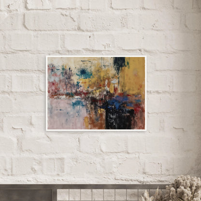 Layered ochre, teal, black, and red marks create a weathered textured composition.