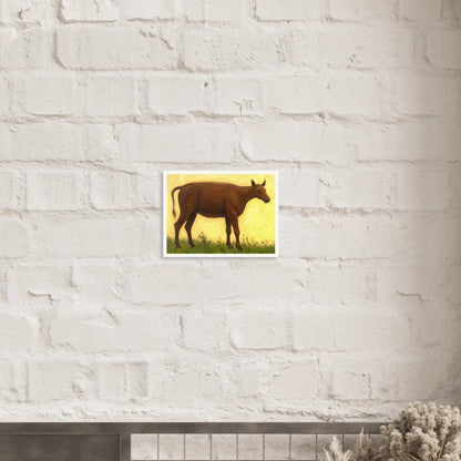 A brown cow standing on grassy pasture against a soft golden-yellow background, exuding calm and simplicity.