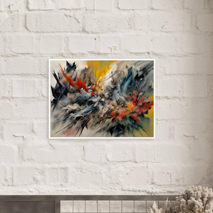 A striking painting with energetic brushstrokes of fiery red, deep blue, and golden yellow, resembling an intense natural explosion.