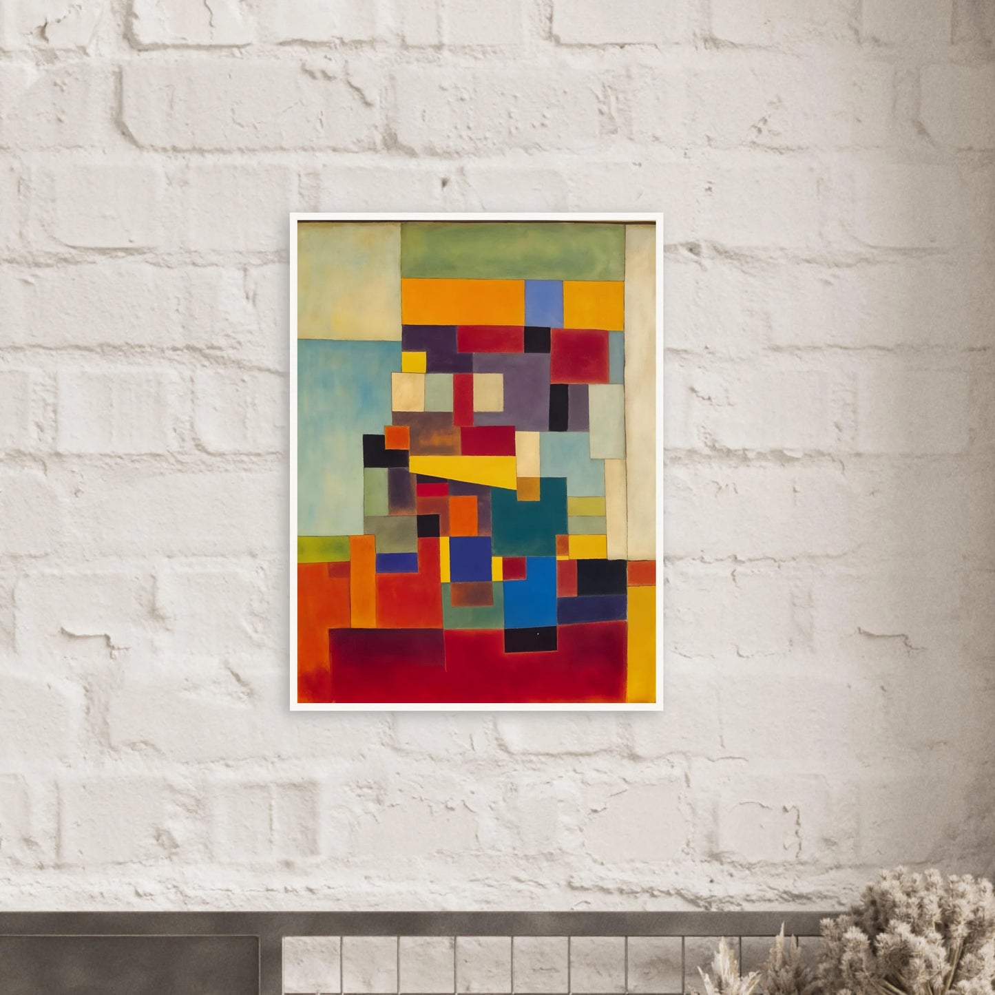 A vivid mosaic of geometric color blocks in red, blue, yellow, and green, forming a modern, rhythmic visual balance.