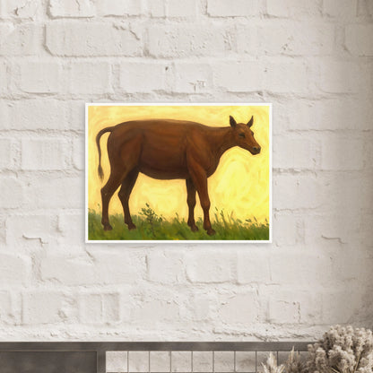 A brown cow standing on grassy pasture against a soft golden-yellow background, exuding calm and simplicity.