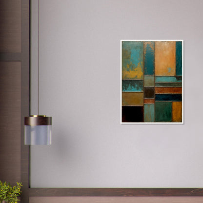 A textured abstract painting featuring geometric panels in shades of turquoise, rust, gold, and black, resembling weathered metal and patina.