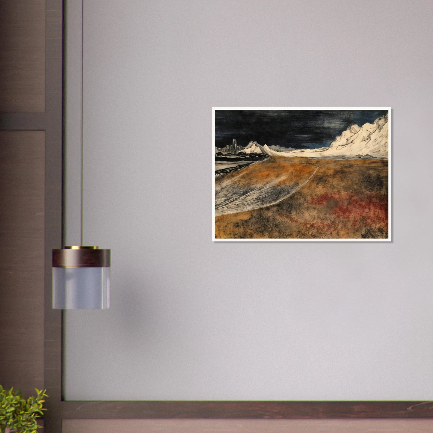 A dramatic landscape of snow-covered mountains under a dark sky, overlooking a vast brown tundra plain with icy ridges and distant peaks.