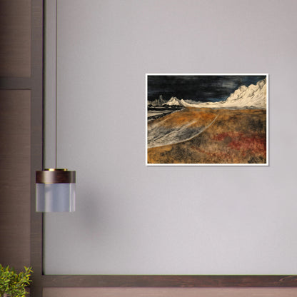 A dramatic landscape of snow-covered mountains under a dark sky, overlooking a vast brown tundra plain with icy ridges and distant peaks.
