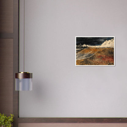 A dramatic landscape of snow-covered mountains under a dark sky, overlooking a vast brown tundra plain with icy ridges and distant peaks.