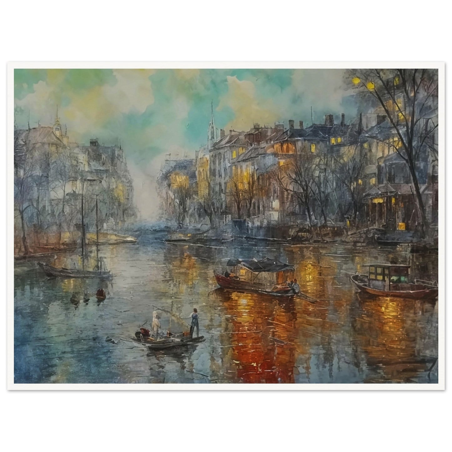 A tranquil evening scene of a canal with boats, illuminated buildings, and reflections on the water, creating a peaceful atmosphere.