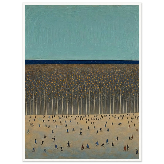 A serene painting depicting a large gathering of people in a spacious field with a dense forest of tall, bare trees under a vast sky.