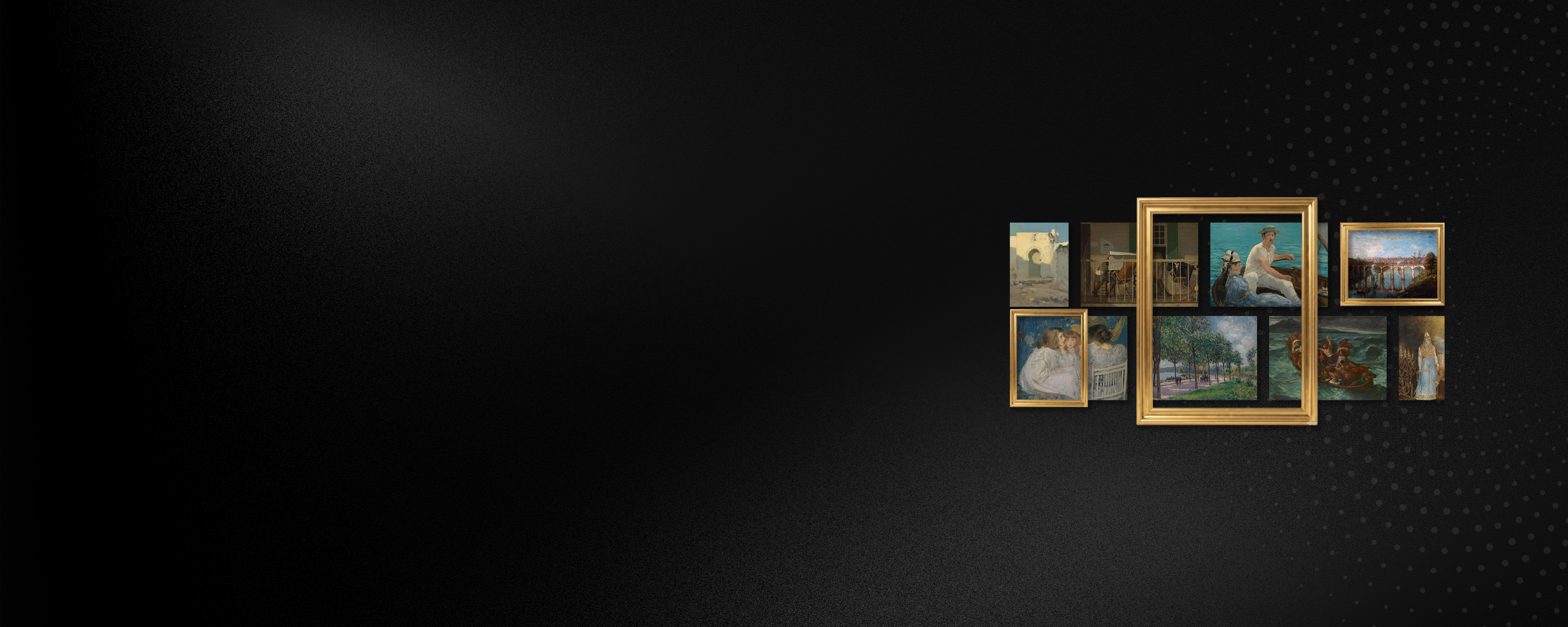 Wide promotional banner set against a dark textured background featuring a gallery arrangement of classic paintings on the right, centered around a prominent empty gold frame.