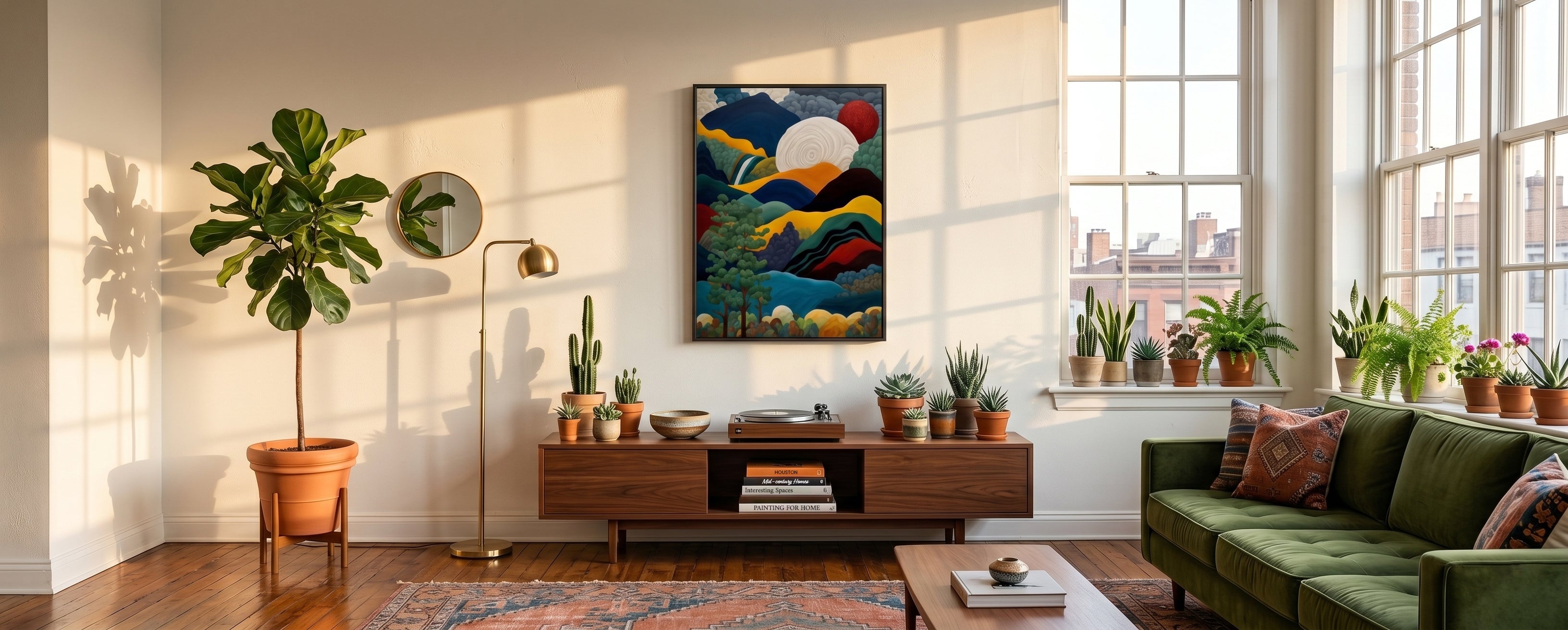 Vibrant landscape wall art hanging above a walnut sideboard in a sunlit mid-century modern living room with plants.