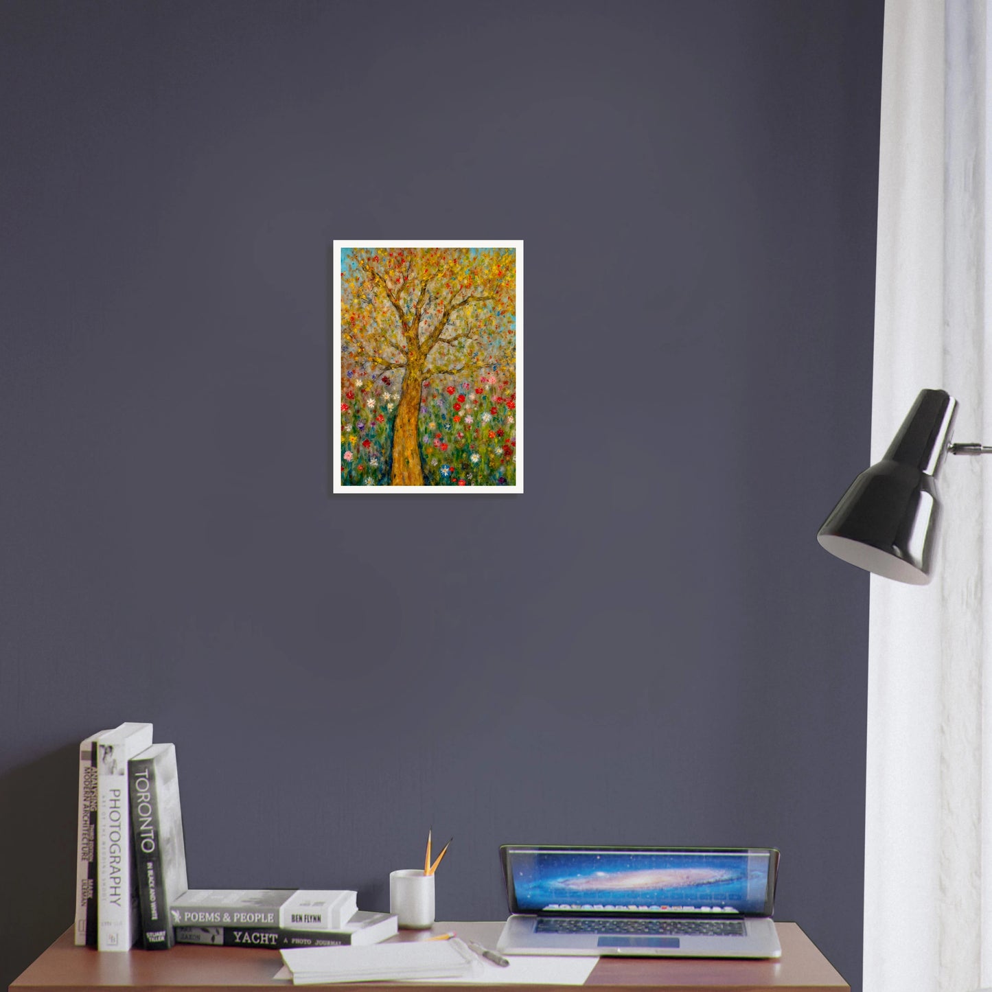 A golden-barked tree stands tall in a vibrant field of blooming flowers, with multicolored petals dancing against a soft blue sky.