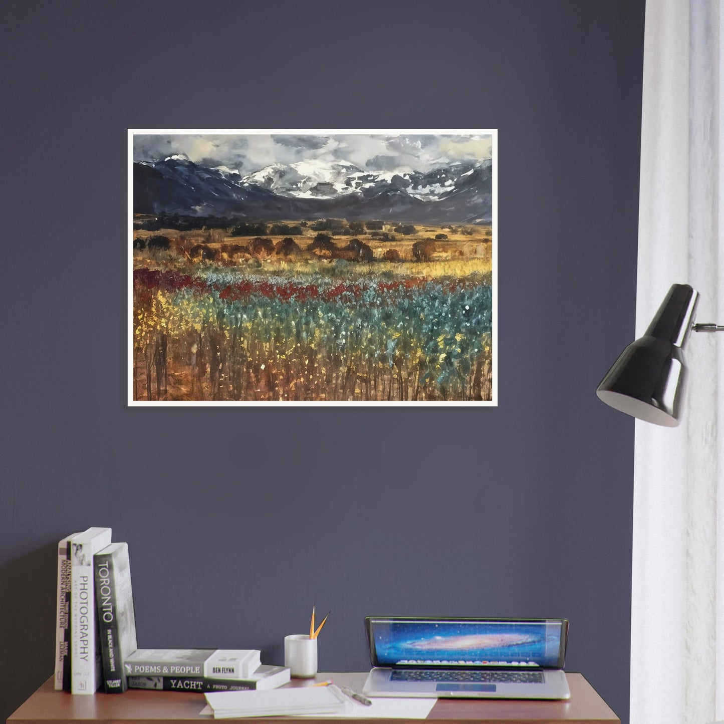 Expansive landscape with vibrant fields of flowers in red, yellow, and blue hues, framed by distant snow-capped mountains and a dramatic sky.