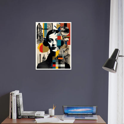 A striking portrait of a woman interwoven with geometric patterns, vintage architecture, and fragmented colors, symbolizing time and identity.
