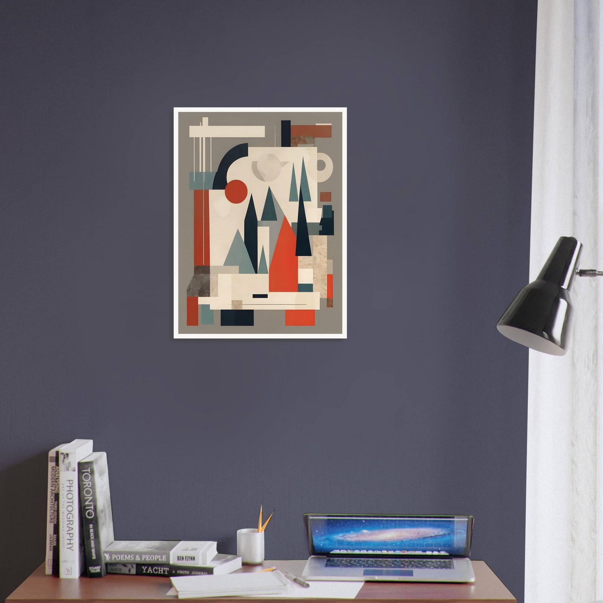 A modern geometric artwork featuring abstract triangular shapes resembling trees, complemented by circles and rectangles in muted tones of red, teal, and beige.