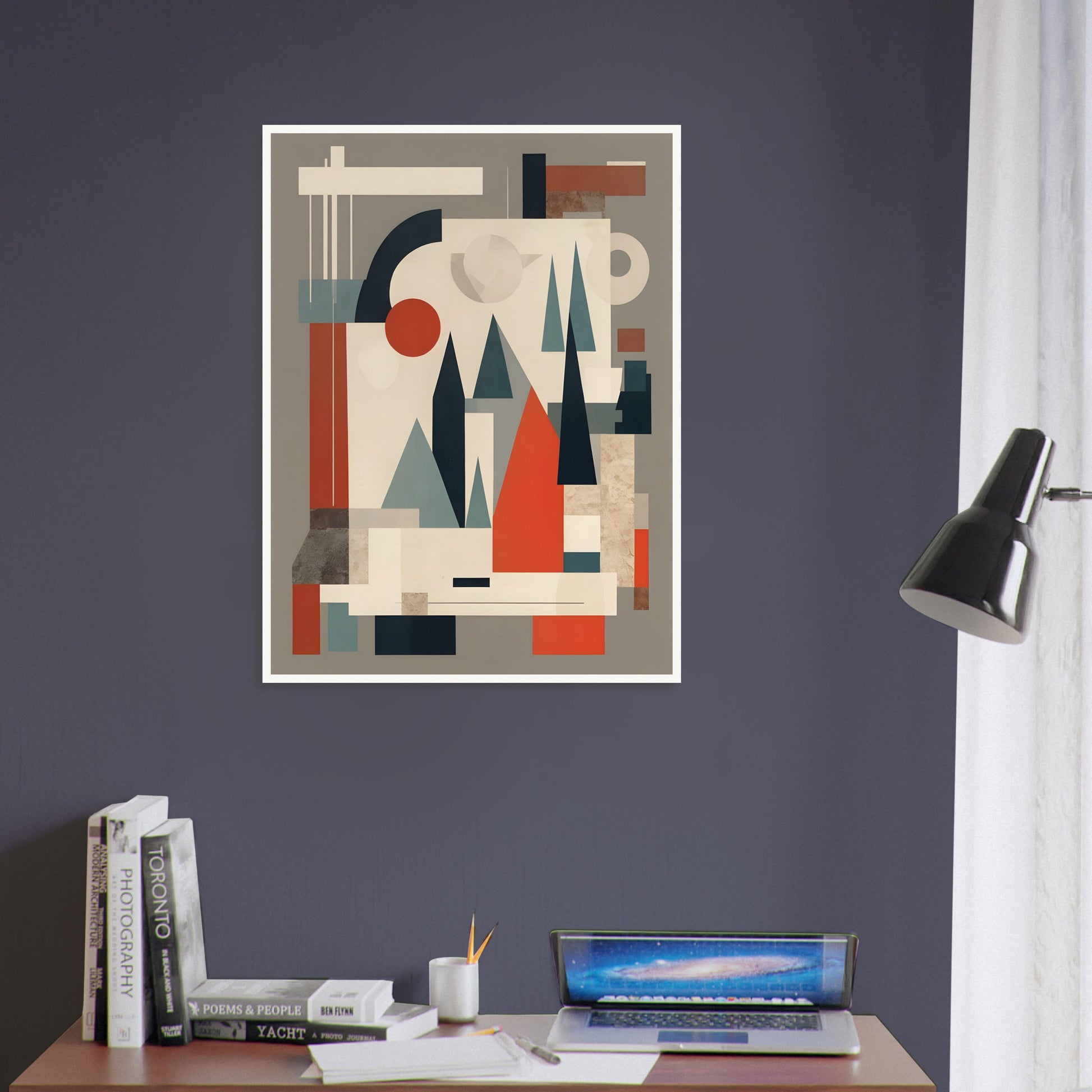 A modern geometric artwork featuring abstract triangular shapes resembling trees, complemented by circles and rectangles in muted tones of red, teal, and beige.