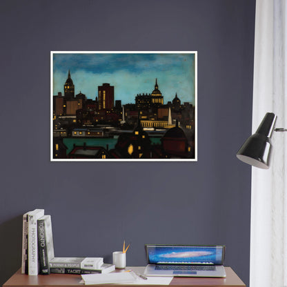 A glowing city skyline at dusk with illuminated towers, rooftops, and spires beneath a deep blue evening sky.