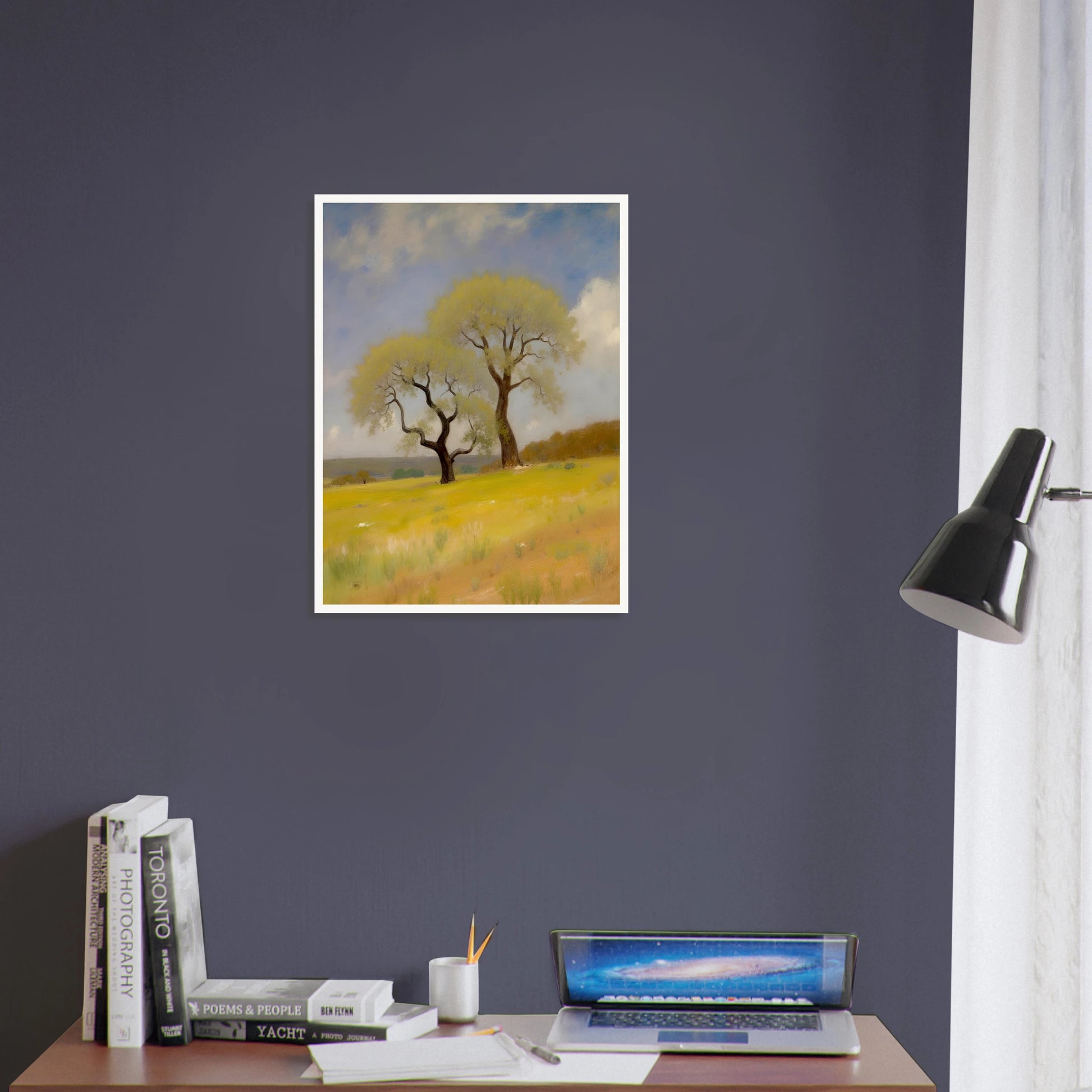 Two softly curved trees rise from a sunlit yellow-green field under a partly cloudy blue sky, evoking peace and resilience.