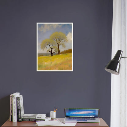 Two softly curved trees rise from a sunlit yellow-green field under a partly cloudy blue sky, evoking peace and resilience.