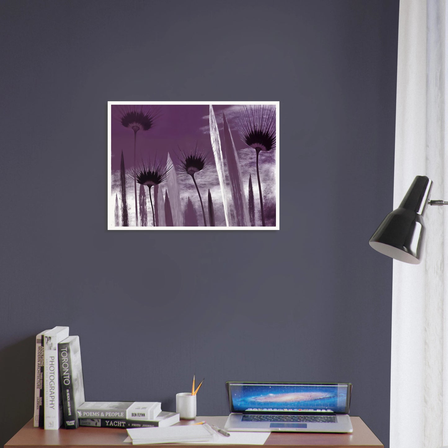 Tall spiky flowers in dark violet silhouettes reach upward against a cloudy lavender sky, evoking mystery and calm.