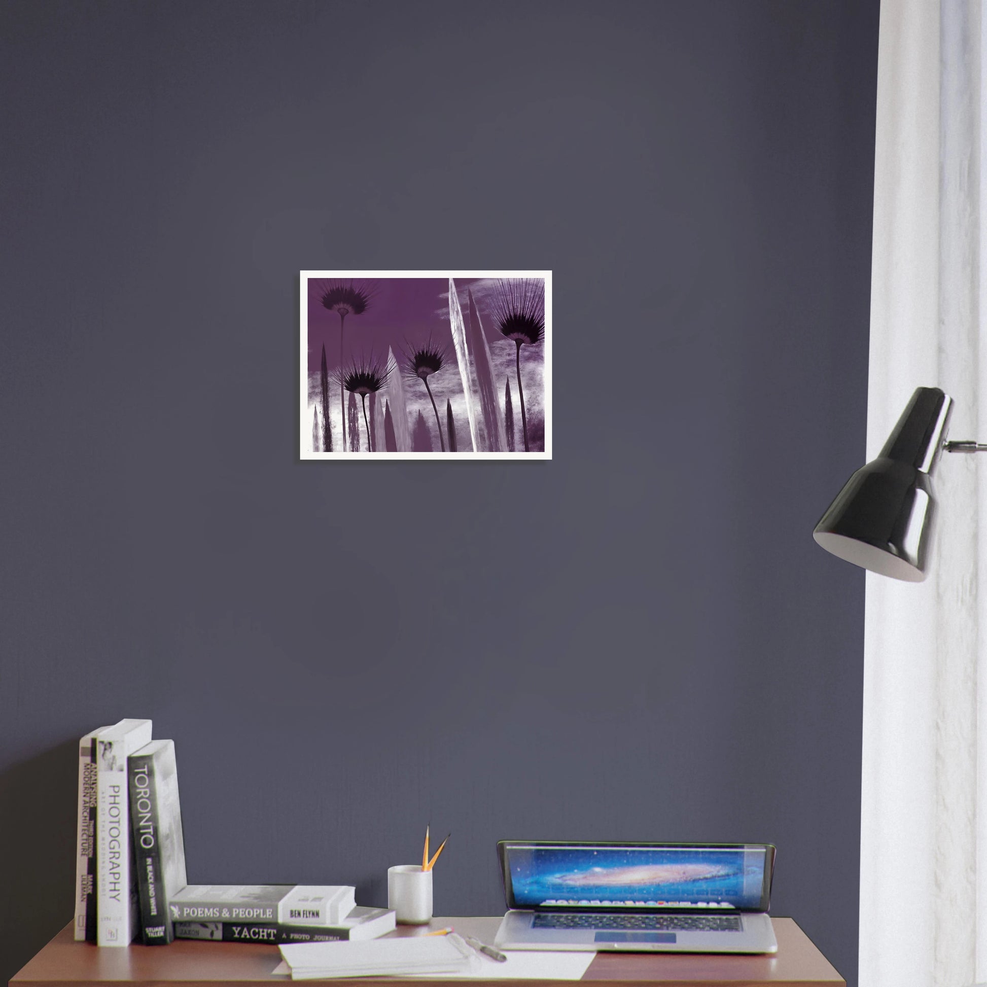 Tall spiky flowers in dark violet silhouettes reach upward against a cloudy lavender sky, evoking mystery and calm.