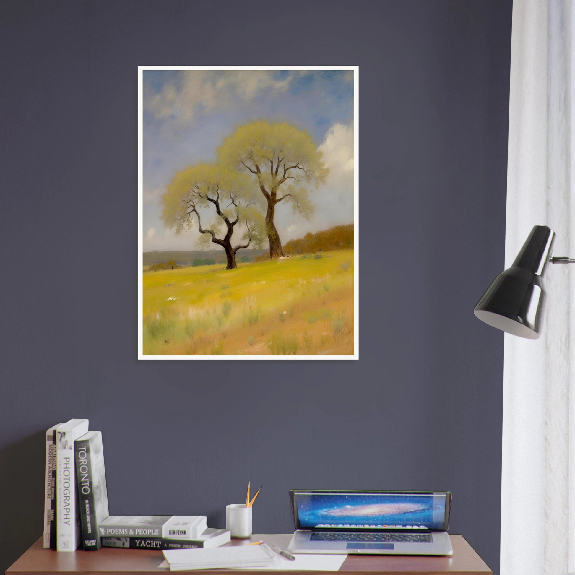 Two softly curved trees rise from a sunlit yellow-green field under a partly cloudy blue sky, evoking peace and resilience.