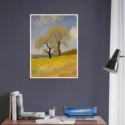 Two softly curved trees rise from a sunlit yellow-green field under a partly cloudy blue sky, evoking peace and resilience.