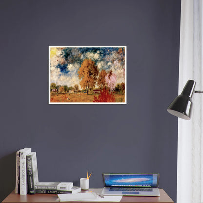 A pastoral countryside scene with autumn trees, rustic homes, golden fields, and dramatic blue skies painted in soft textured strokes.
