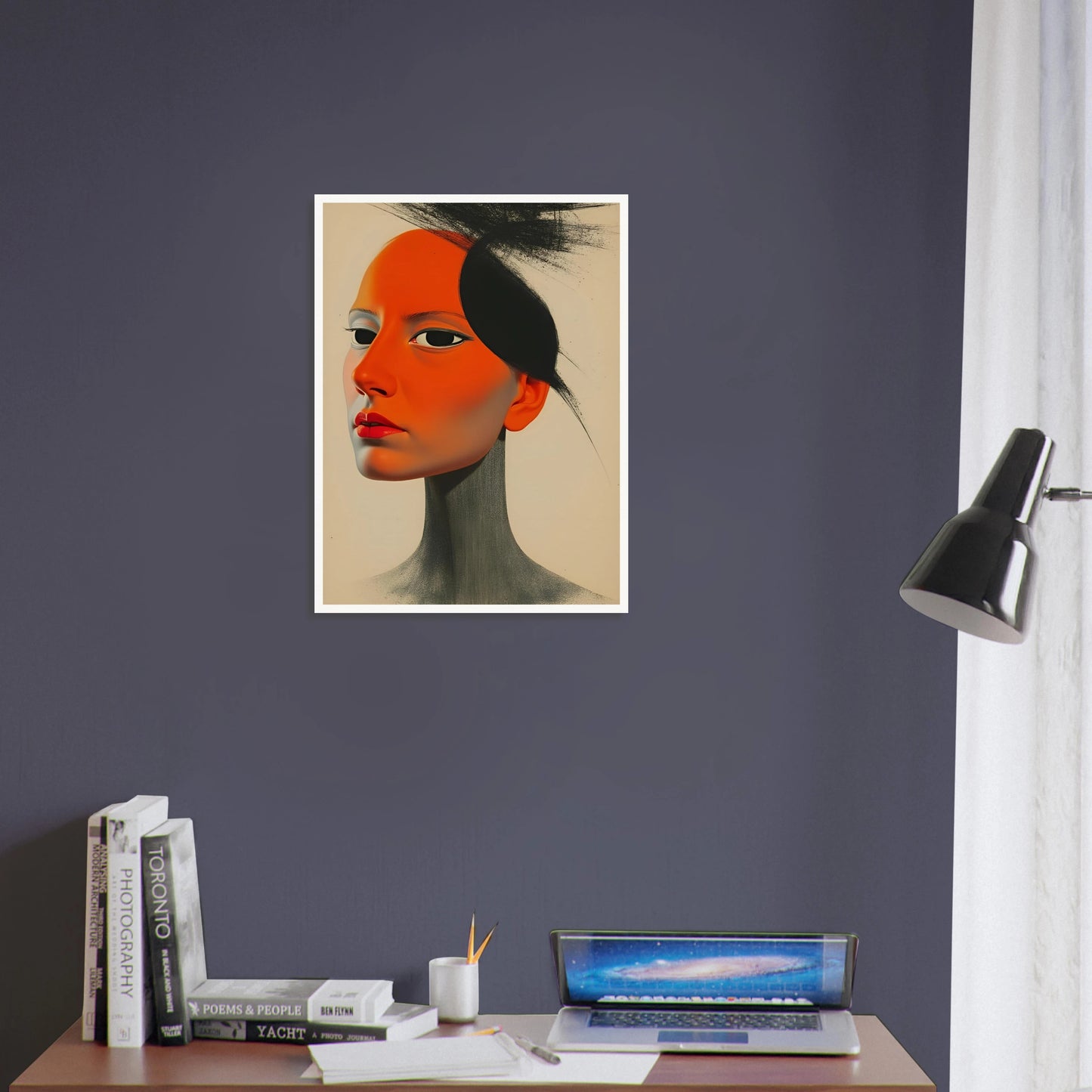 A surreal portrait of a woman with vivid orange skin and intense gaze, blending soft realism with bold graphic contrasts.