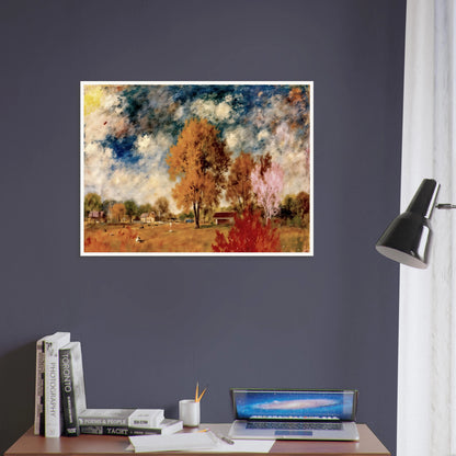 A pastoral countryside scene with autumn trees, rustic homes, golden fields, and dramatic blue skies painted in soft textured strokes.