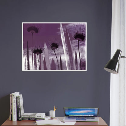 Tall spiky flowers in dark violet silhouettes reach upward against a cloudy lavender sky, evoking mystery and calm.
