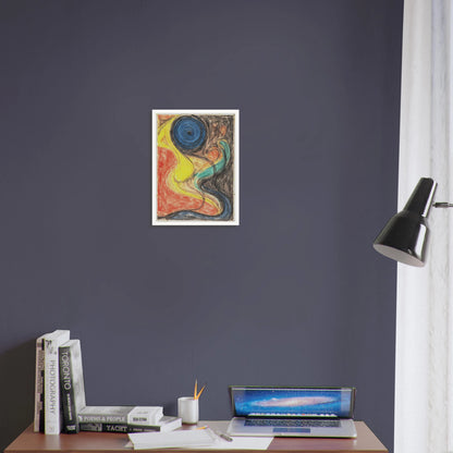 Flowing abstract lines weave through fiery red, luminous yellow, deep blue, and shadowed black, evoking cosmic movement and elemental energy.