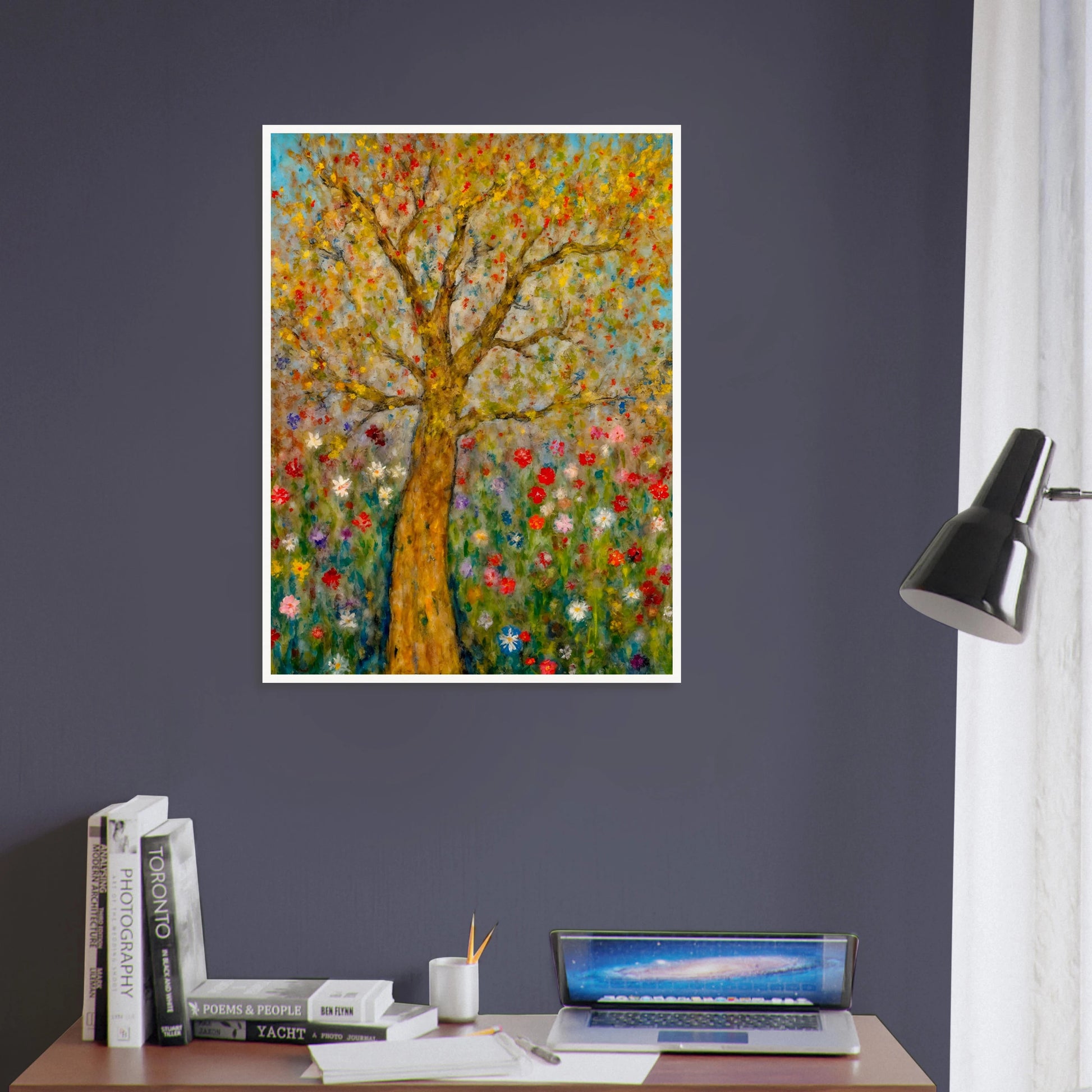 A golden-barked tree stands tall in a vibrant field of blooming flowers, with multicolored petals dancing against a soft blue sky.