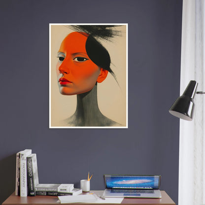 A surreal portrait of a woman with vivid orange skin and intense gaze, blending soft realism with bold graphic contrasts.