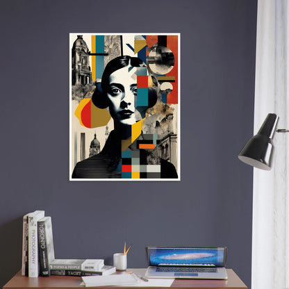 A striking portrait of a woman interwoven with geometric patterns, vintage architecture, and fragmented colors, symbolizing time and identity.