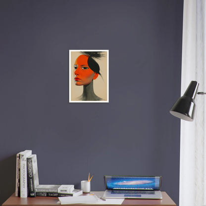 A surreal portrait of a woman with vivid orange skin and intense gaze, blending soft realism with bold graphic contrasts.