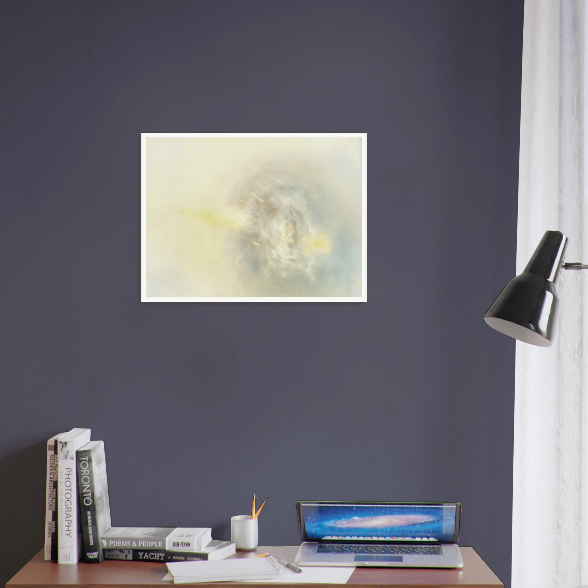 Soft luminous haze of ivory, pearl, and faint yellow gathers in an ethereal swirl, like light emerging through mist.