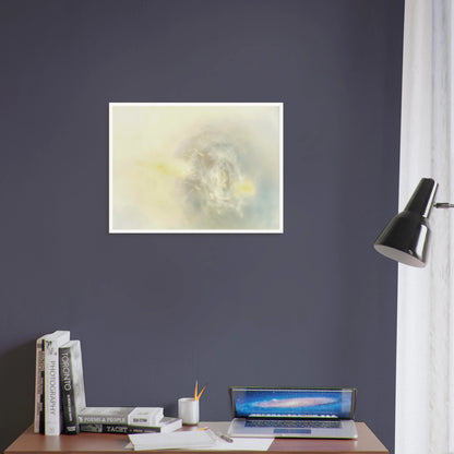 Soft luminous haze of ivory, pearl, and faint yellow gathers in an ethereal swirl, like light emerging through mist.