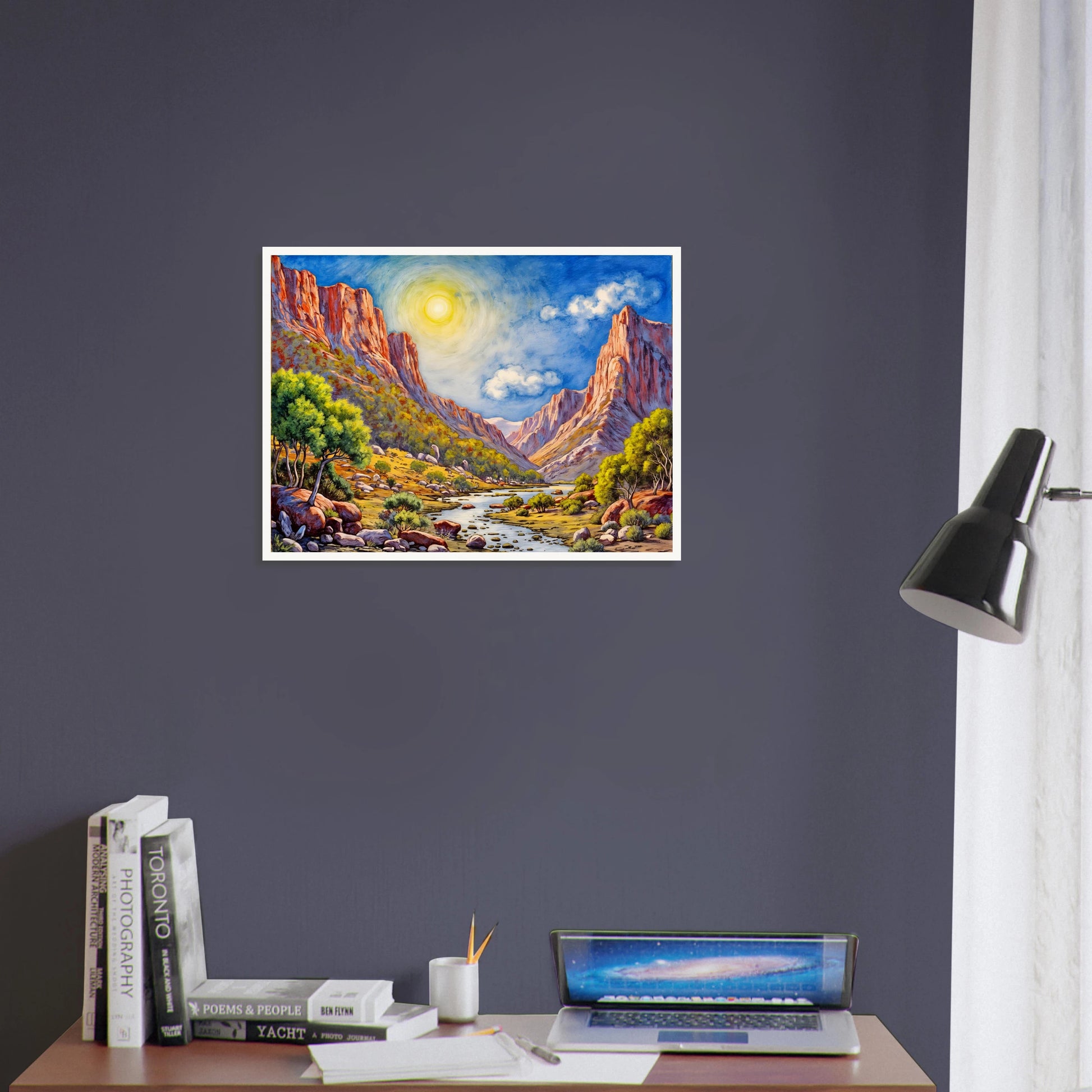Bright desert canyon landscape with towering sunlit cliffs, winding river, vivid blue sky, and glowing golden valley under radiant sunlight.