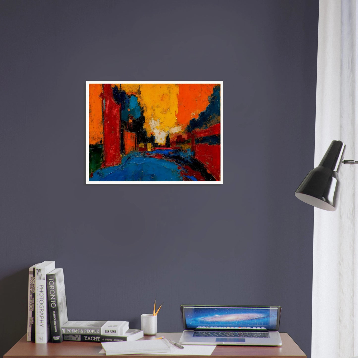 An expressive urban street scene painted in bold reds, oranges, blues, and black, featuring buildings lining a road beneath a dramatic glowing sunset sky.